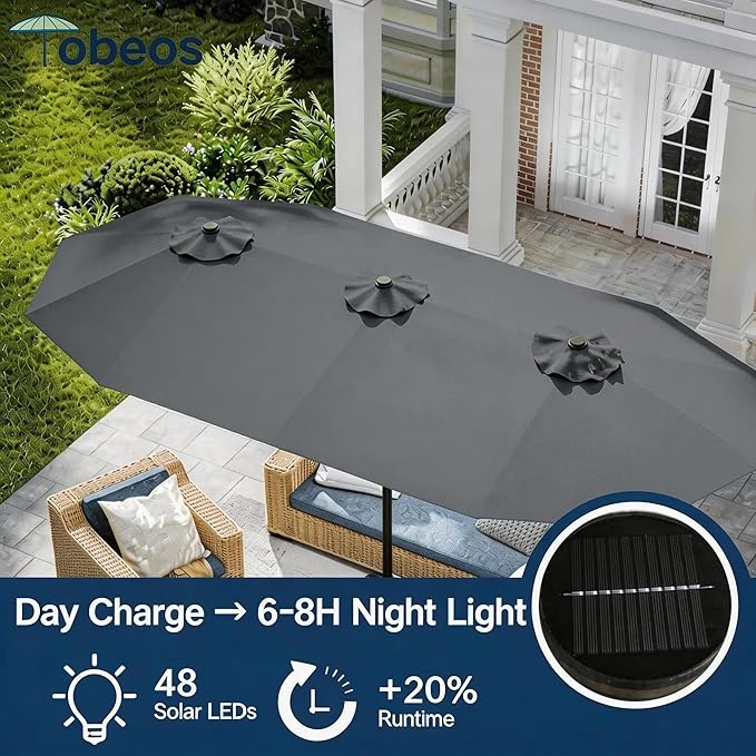 15ft Large Patio Umbrella with Solar Lights and Base, Double-Sided Outdoor Rectangle Umbrella with 48 LED Lights, Market Table Umbrellas with UV Resistant Canopy, Gray