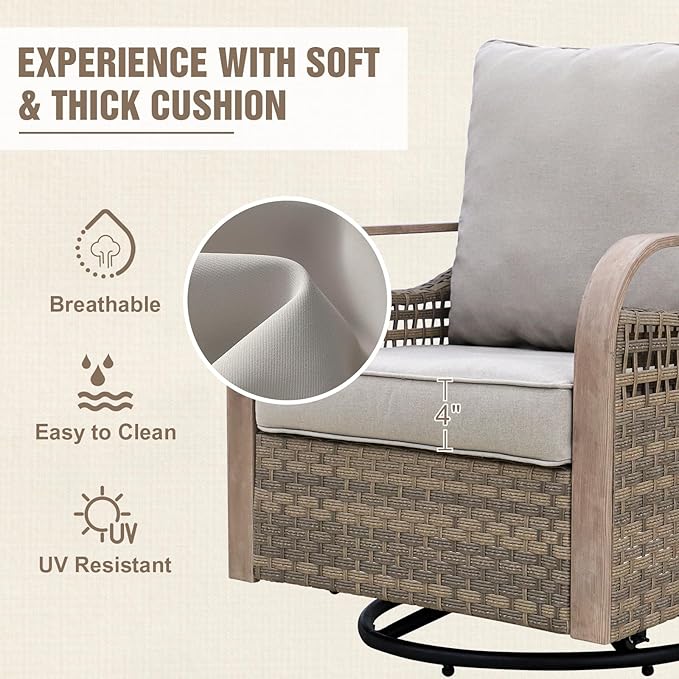 Modern Wicker Patio Furniture Set, Rattan Outdoor Conversation Set with Comfortable Cushions, 2 Swivel Rocking Chairs, 2 Seat Loveseat and 2 Ottomans, 5 Pieces, Brown/Gray