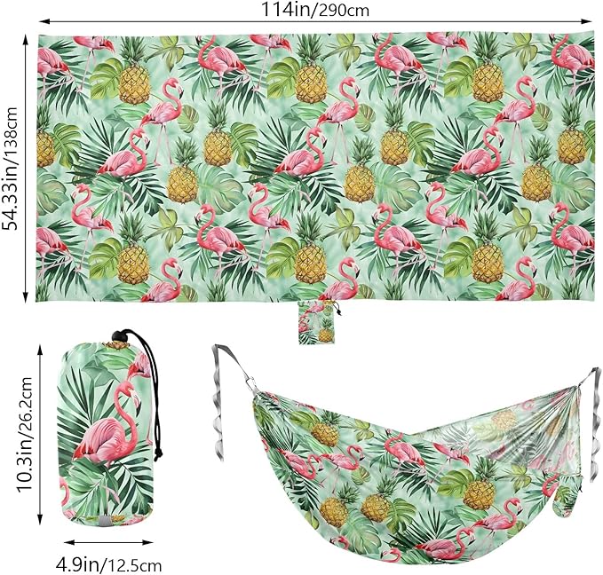 Camping Hammock Outdoor Hammocks for Outside Pink Flamingos Pineapple Beach Trees Portable Lightweight with Pockets Tree Straps Indoor