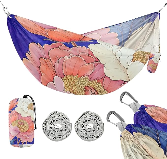 Beautiful Pink and White Peony Flowers 330lb Capacity Hammocks with Hanging Rope Cloth Hammock for Outside Beach Patio Garden Silla colgante para Patio Exterior