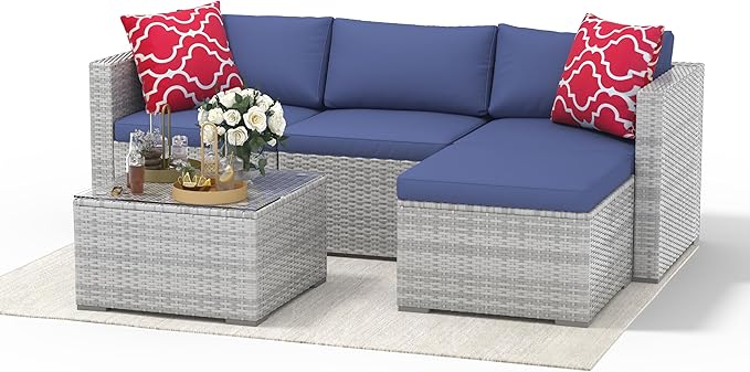 GAOMON 5-Piece Patio Furniture Set, All-Weather PE Rattan Sectional Sofa, Modular Outdoor Conversation Set with Metal Frame, Gray & Blue