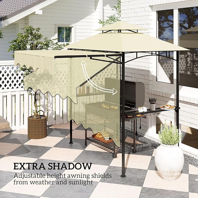 Outsunny 8' x 7.6' Grill Gazebo, Double Tiered Outdoor BBQ Gazebo with Side Awning, 2 Side Shelves and 6 Hooks for Patio, Deck, Yard, Beige