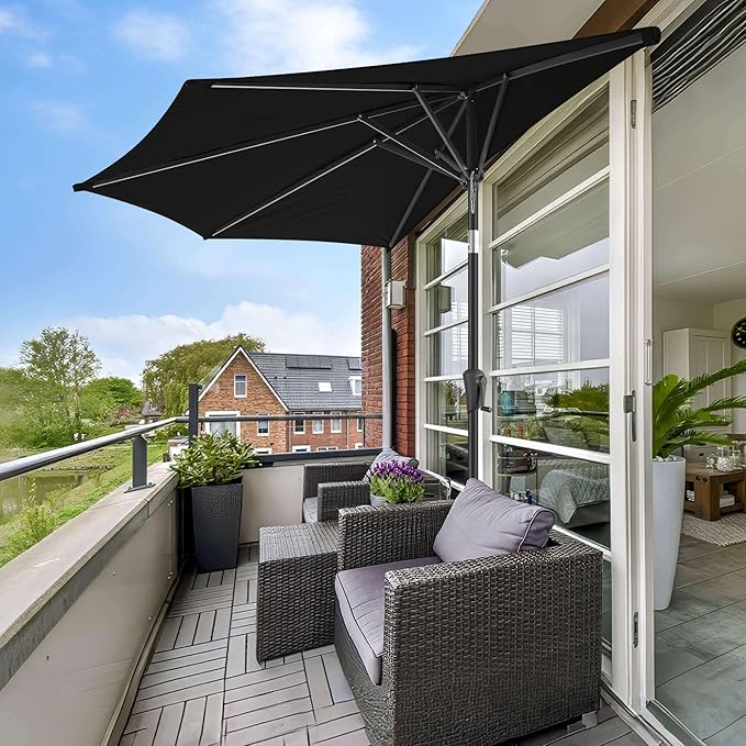 9ft Half Umbrellas Outdoor - Half Patio Umbrella with Tilt, UV Protection Waterprool, Half Round Umbrella for Wall Balcony, Pool, Porch, Garden, Deck, Backyard (Black)