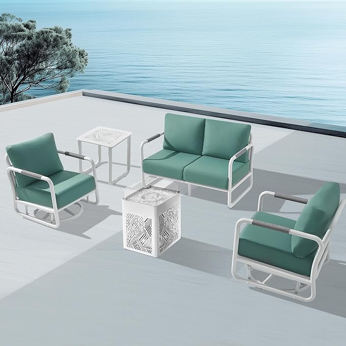 MBY Outdoor Aluminum Patio Furniture Set, 4-Seats Patio Conversation Sofa Set with 2 Swivel Rocking Chairs and 45,000 BTU Fire Pit Table w/Glass Wind Guard, All Weather for Pool, Garden-White