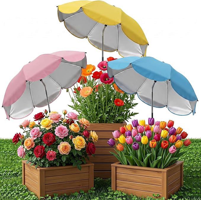 Plant Umbrellas for Outdoor Plants, Upgraded Large Garden Umbrella for Potted Plants Shade with Adjustable Height, 360° Adjustable Direction and Thickened Support Pole, Waterproof Sun Shade for Garden Potted Plants