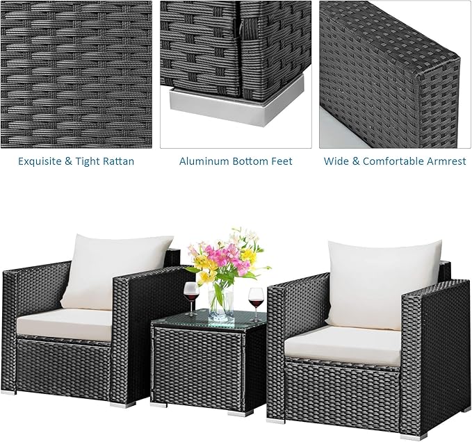 Tangkula 3 Pieces Patio Furniture Set, PE Rattan Wicker Sofa Set w/Washable Cushion and Tempered Glass Tabletop, Outdoor Conversation Furniture for Garden Poolside