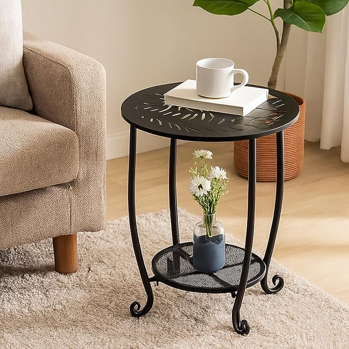2-Tier Metal Round Side Table Black Accent Coffee Tables Small Space Corner Plant Stand Shelf for Indoor Outdoor Porch Patio Balcony Living Room End Table with Storage, Rust-Proof