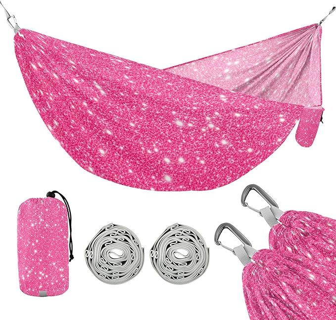 Pink Sparkling Glitter Camping Hammock, Portable Lightweight Single Hammock with Tree Straps and Aluminum Carabiners, 114" x 54" Travel Hammock for Hiking Backpacking Beach