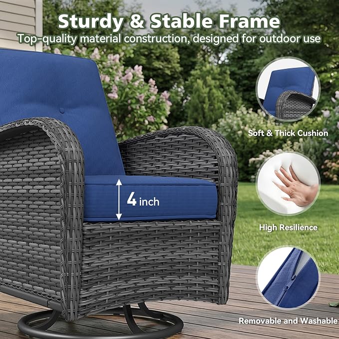 Aoxun 11 Piece Outdoor Patio Furniture Set with 44'' Fire Pit Table, Wicker Rattan Outdoor Furniture with High Back Swivel Rocker Chairs, Outdoor Sofa Set with Thick Cushion & Side Table, Navy Blue