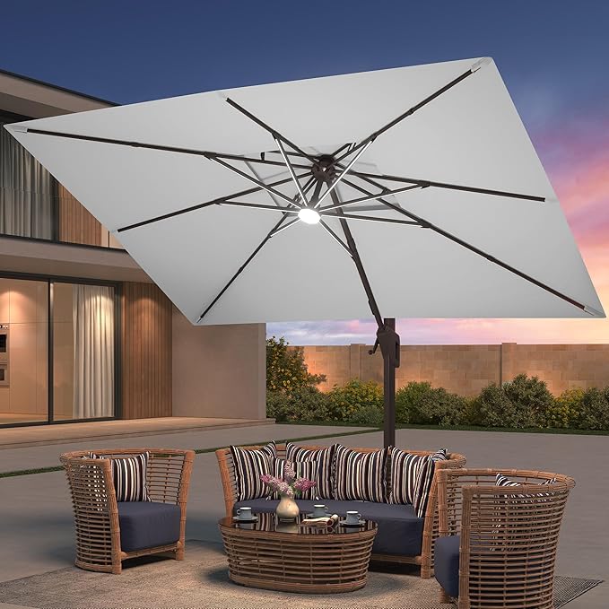 9x12 FT Patio Umbrella with LED Lights Cantilever Outdoor Large Heavy Duty Rectangle Aluminum Offset Umbrellas Double Top 360 Rotation 7 Tilt Adjustment for Pool Deck Garden, Fog grey