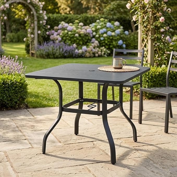 Kozyard 35.4" Square Outdoor Dining Table for 4, Steel Frame with Textured Wood-Grain Tabletop, Patio Table with Umbrella Hole for Backyard, Balcony, Garden Gray