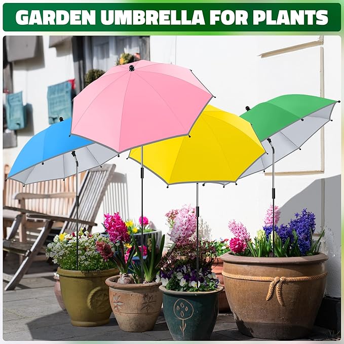 4 Pack 24.9" Plant Umbrellas for Outdoor Plants,47.2" Height Small Umbrella with Reflective Strip, Adjustable Plant Shades for Outdoor Plants, Garden, Potted