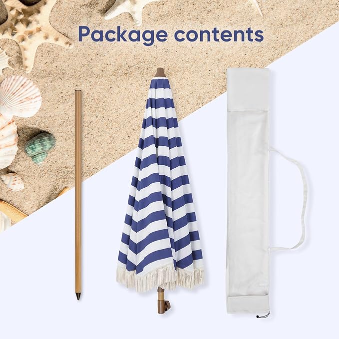 Tempera Heavy Duty High Wind Beach Umbrella with Sand Anchor & Carry Bag | Patio Outdoor Umbrella with Aluminum Frame and Push Button Tilt, Ideal for Travel Garden Lawn, UPF 60+
