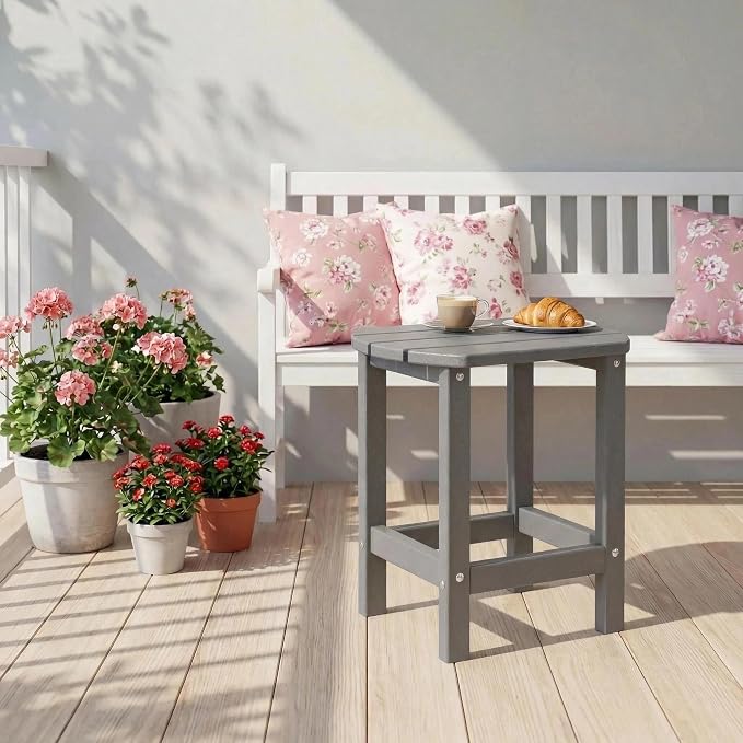 AMILY HDPE Outdoor Side Table, Weather Resistant Patio End Table, Heavy Duty Adirondack Side Table for Garden, Balcony, Poolside, Easy Assembly (Grey)