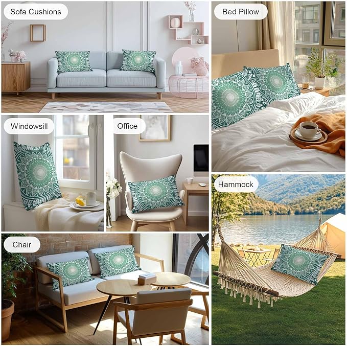 Vandarllin Outdoor Throw Pillows Covers 20x12 inch Set of 2 Waterproof Green Boho Floral Decorative Zippered Cushion Covers for Patio Furniture, Bohemian Sacred Space Art Lumbar Pillowcases