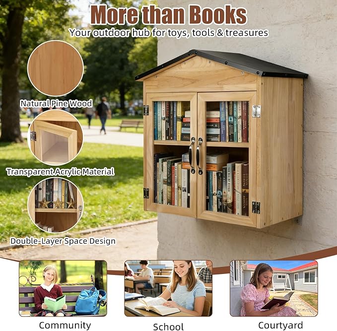 Outdoor Little Free Library Box, Weather-Resistant Wooden Blessing Box with Metal Roof & Adjustable Shelf, Easy-to-Assemble Lending Library for Books, Food Pantry for Neighborhood Community