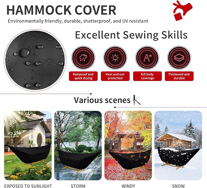 Waterproof Hammock Cover for 10-15FT Hammock Stand,Outdoor Hammocks Covers with Zip and Elastic Ropes,Windproof Hammocks Cover for Outside,420D Heavy Duty Oxford (Black,9-10foot)