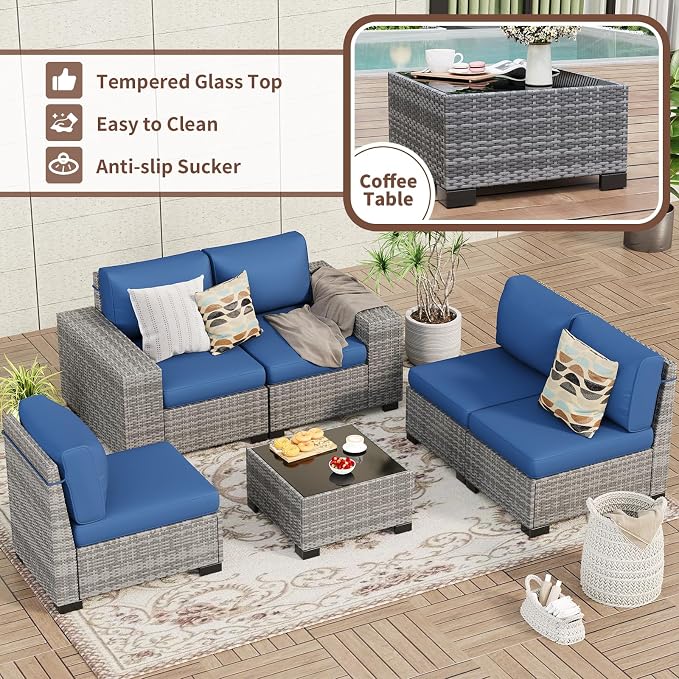 Outdoor Patio Furniture Set, 8'' Wide armrest Outdoor Sectional Rattan Sofa Set, Wicker Patio Furniture Sets w/Coffee Table,Thick Cushions and Cover for Porch, Balcony,Deck 6 PCS(Grey&Navy)