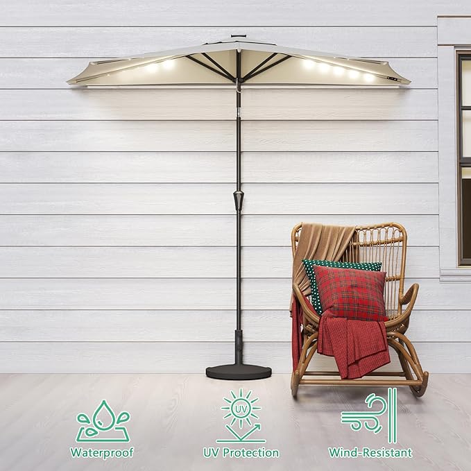 Helios&Hestia 9 ft Small Half Round Solar Powered Wall Outdoor Market Patio Umbrella with LED Lights and Tilt for Garden, Deck, Balcony