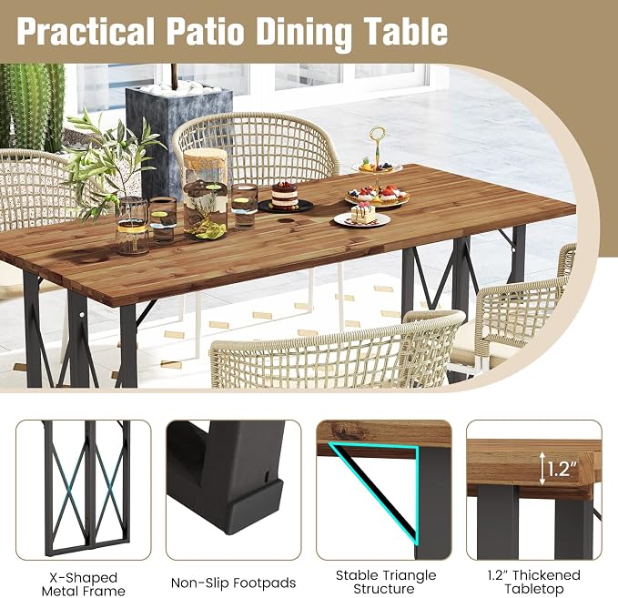Tangkula 67 Inch Outdoor Dining Table, Acacia Wood Patio Table with 2 Inch Umbrella Hole, Heavy-Duty Metal Frame, Indoor Outdoor Picnic Table for 6