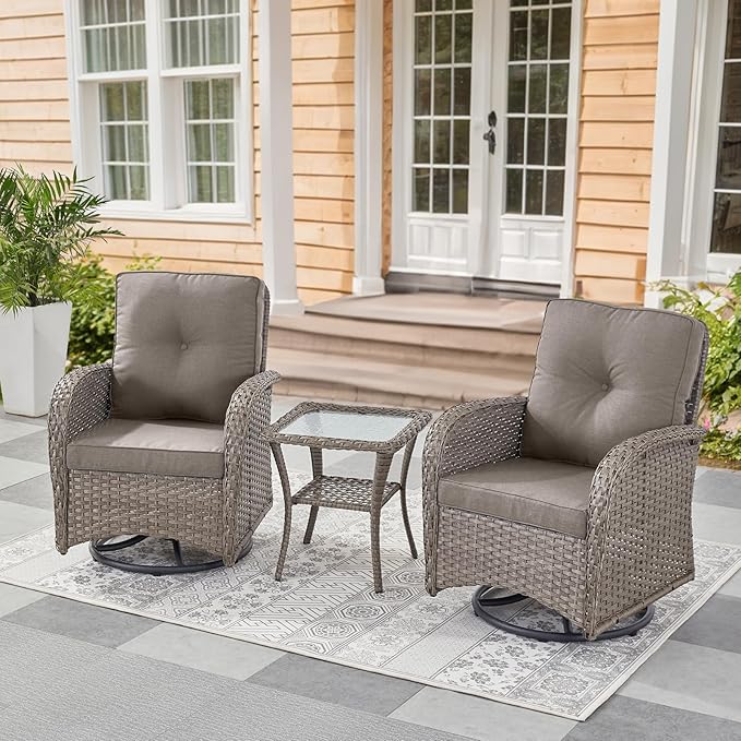 Belord Swivel Patio Chairs Wicker Set - Outdoor Swivel Rocker Chair with Side Table, 3 Piece Patio Glider Chairs Furniture Set with Water-Resistant Cushions for Deck Porch Sunroom Gray