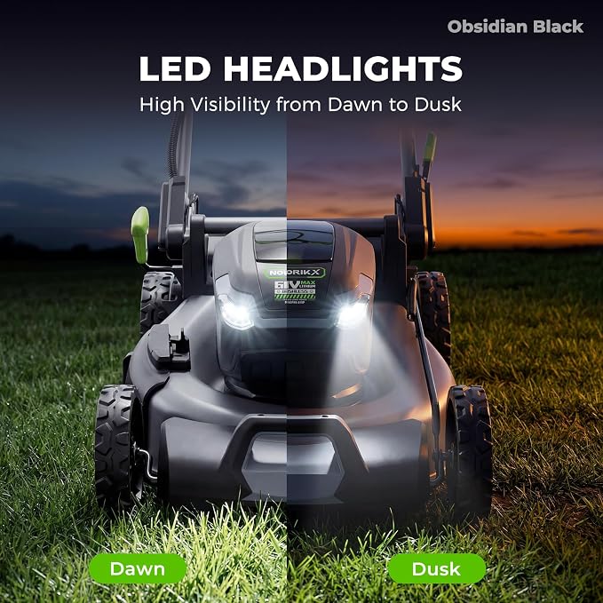 NovorikX 60V Cordless Lawn Mower with 2X5.0Ah Battries, 21" Self Propelled Electric Lawn Mower, Brushless Motor, LED Headlight 3 in 1 Mulching Bagging Side Discharge Obsidian Black