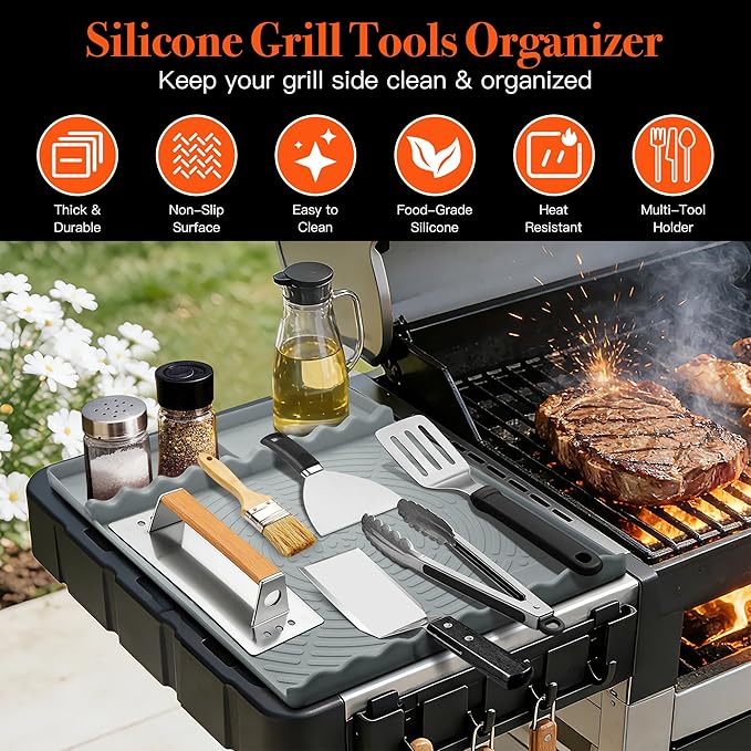 Silicone Grill Mat for Blackstone - BBQ Griddle Tools Side Mat with Drip Pad, Griddle Tools Mat for Outdoor Kitchen Countertop, BBQ Grill Accessories Gifts for Men (Gray)
