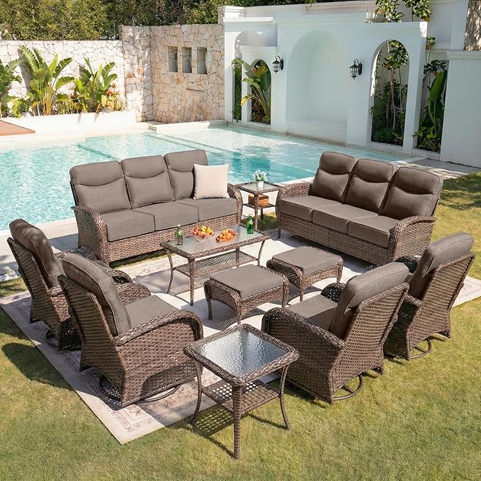Belord Upgraded 6“ Cushion Luxury 11 Piece Patio Furniture Set - Wicker Outdoor Conversation Set with Swivel Rocker Patio Chairs, High Back Outdoor Furniture for Deck Porch Yard - Brown/Grey