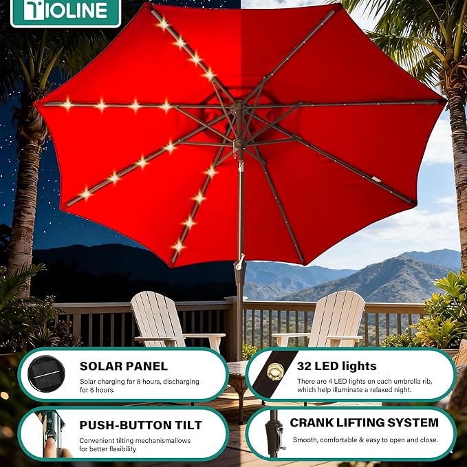 9FT Solar-Powered LED Patio Umbrella with Tilt Crank,Outdoor Market Umbrella with 32 Lights,Sunshade for Deck, Garden and Pool