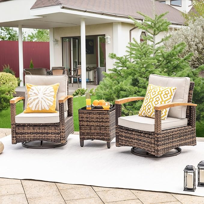 MEISSALIVVE 3 Piece Outdoor Swivel Rocker, Patio Furniture Bistro Set with 360° Wood Armrests Swivel Rocking Chairs and Side Table for Porch,Deck,Balcony (Brown)