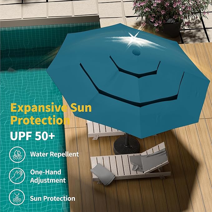Kingdura 9ft 3-Tier Patio Umbrella with Solar Lights, Table Umbrella Outdoor Patio with Easy Crank & Tilt, 8 Sturdy Ribs, UV Protection, 32 LED Lights for Deck, Poolside, Market (Lake blue)