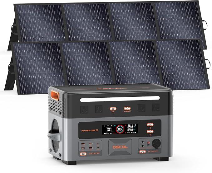 OSCAL 3600W with 2x200W Solar Panels, Portable Power Station, 2016Wh LiFePO4 Battery, 3600W(Peak 7200W) Solar Generator, 90 Min Fast Charge, 14 Ports, LED Light, Home Backup, RV, Camping & Outdoor