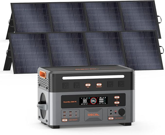 OSCAL 3600W with 2x200W Solar Panels, Portable Power Station, 2016Wh LiFePO4 Battery, 3600W(Peak 7200W) Solar Generator, 90 Min Fast Charge, 14 Ports, LED Light, Home Backup, RV, Camping & Outdoor