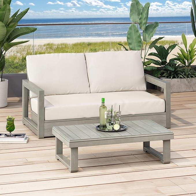 Christopher Knight Home Rammus 2 Pieces Outdoor Conversation Set, Acacia Wood Chat Set, Rectangular Coffee Table and Patio Loveseat Sofa, Slat Design Patio Furniture Set for Garden, Beige + Light Grey