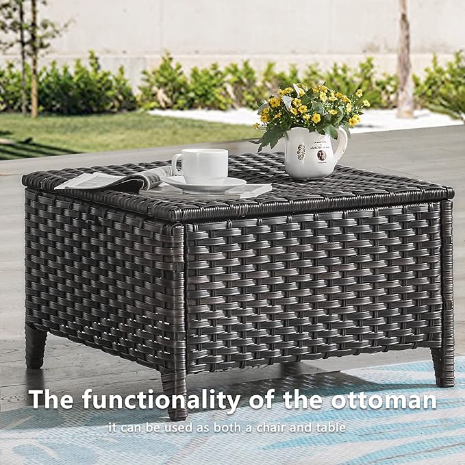 Rilyson Outdoor Ottoman Wicker Patio Ottomans - 2 Piece Footrest Footstools Set Rattan Outdoor Ottomans for Patio with Thick Cushions(Brown/Grey)
