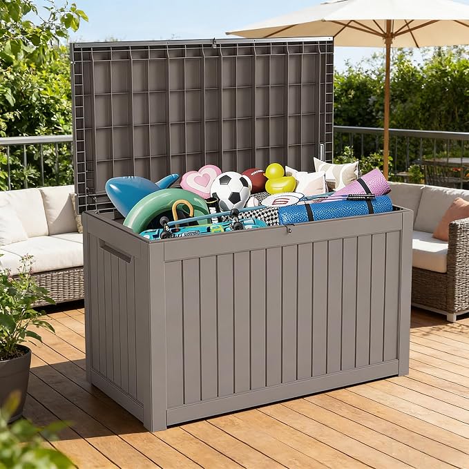 230 Gallon Outdoor Deck Boxes, IP68 Waterproof Outdoor Storage Box with Hydraulic Lid Support, Outside Resin Container for Furniture, Toy, Shoe, Garden & Patio Tools Storage -Brown