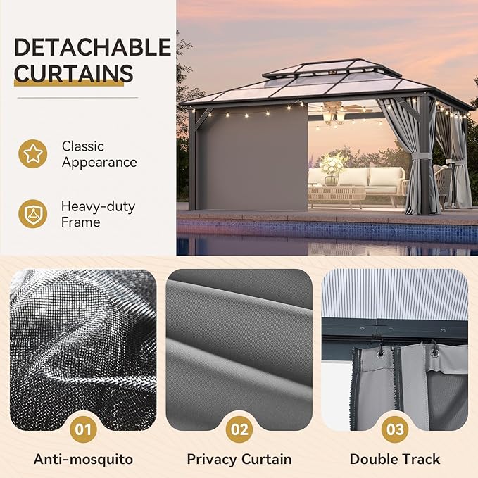 Aoxun 12'x16' Hardtop Gazebo, Outdoor Metal Gazebo with Double Polycarbonate Roof Canopy, Permanent Pavilion with Netting and Curtains for Lawn, Garden, Patio (Gray)