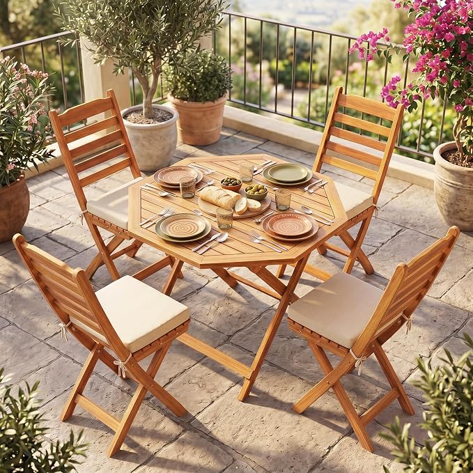 Tangkula 37.5” Folding Patio Table for 4, Acacia Wood Octagonal Outdoor Dining Table with Slatted Tabletop, Indoor Outdoor Portable Bistro Table for Poolside, Garden, Porch & Deck