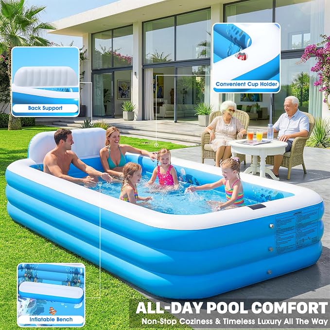 Extra Large Inflatable Pool with Lights,Upgraded Solar Powered Blow Up Pool for Adults,Inflatable Kids Swimming Pool with Seat& Backrest,Big Inflatable Kids Pool for Backyard,119x72x19IN