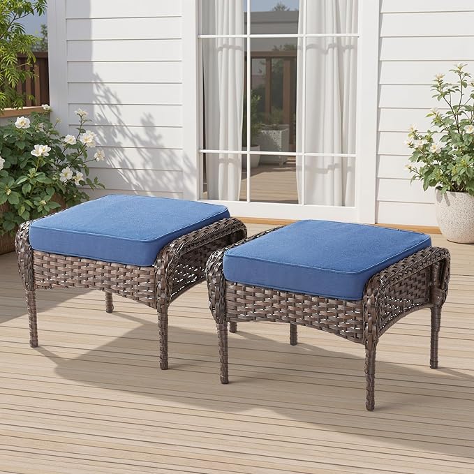 Outdoor Patio Ottomans Set of 2, Outdoor Wicker Footrest Seat with Removable Cushions, Patio Footrest Extra Seating for Deck Porch Sunroom Backyard, Blue