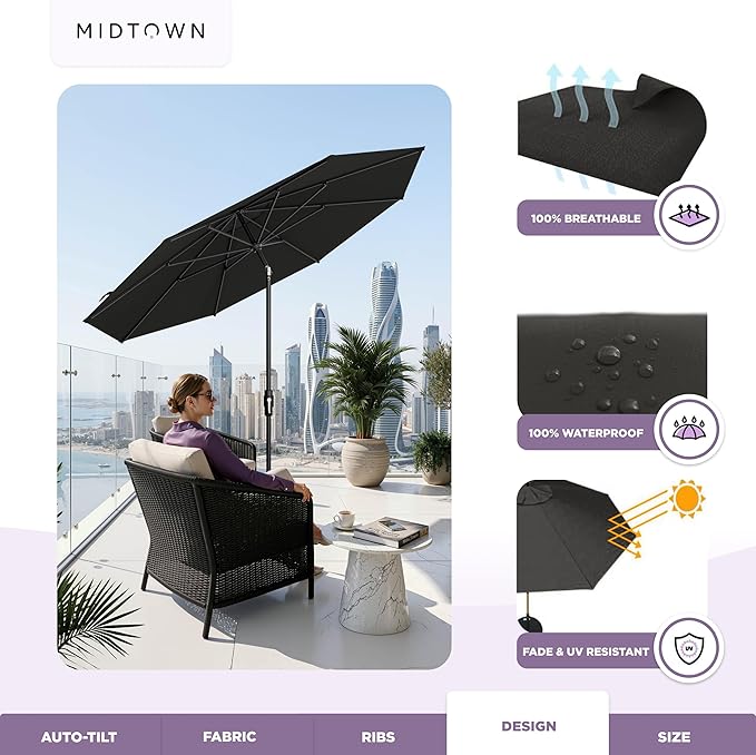 Midtown Umbrellas 10 Feet Aluminum Patio Umbrella With Fiberglass Ribs In Sunbrella Black - Auto-Tilt And 360 Degrees Swivel For Optimal Shade