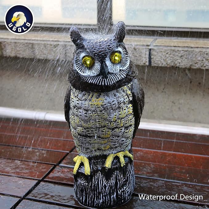 Solar Powered Owl with Motion Detection, Silent Mode, Flashing Eyes, Rotatable Head and Realistic Hoots, Plastic Owl Decoration for Home, Garden, Patio and Fence