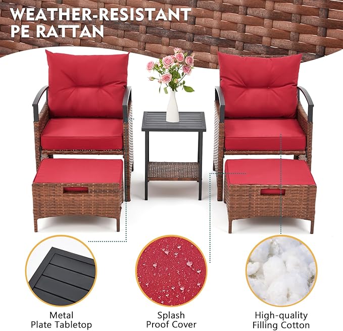 AVAWING 5 Pieces Patio Furniture Set, Outdoor Rattan Chairs with Metal Coffee Table, Ottomans & Soft Cushions, Wicker Conversation Bistro Set for Garden, Porch, Deck, Balcony (Red)