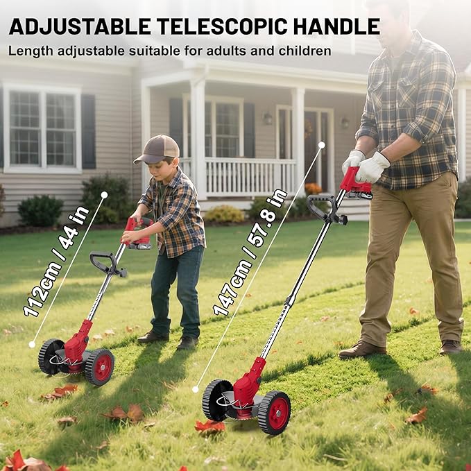 MGYM Cordless Weed Wacker, 20V Electric String Trimmer with 2x2.0Ah Batteries and Charger, Adjustable Pole Weed Wacker with Wheel for Lawn, Yard, Garden Grass Cutter(Red)