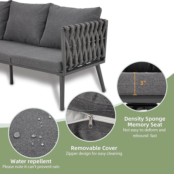 HOMREST Metal Patio Furniture Set, 3 Pieces Outdoor Aluminum Woven Rope Bistro Set with 3-Seater Sofa, Loveseat, Coffee Table, Modern Patio Conversation Set for Balcony, Garden, Yard (5 Seats, Grey)