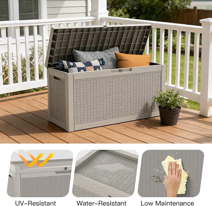 Mars Villa 60 Gallon Deck Box with Seat, Resin Outdoor Storage Box Waterproof, Lockable Lid, Weatherproof and UV Resistant, for Patio Furniture Cushions, Pool Supplies, Garden Tools, Grey