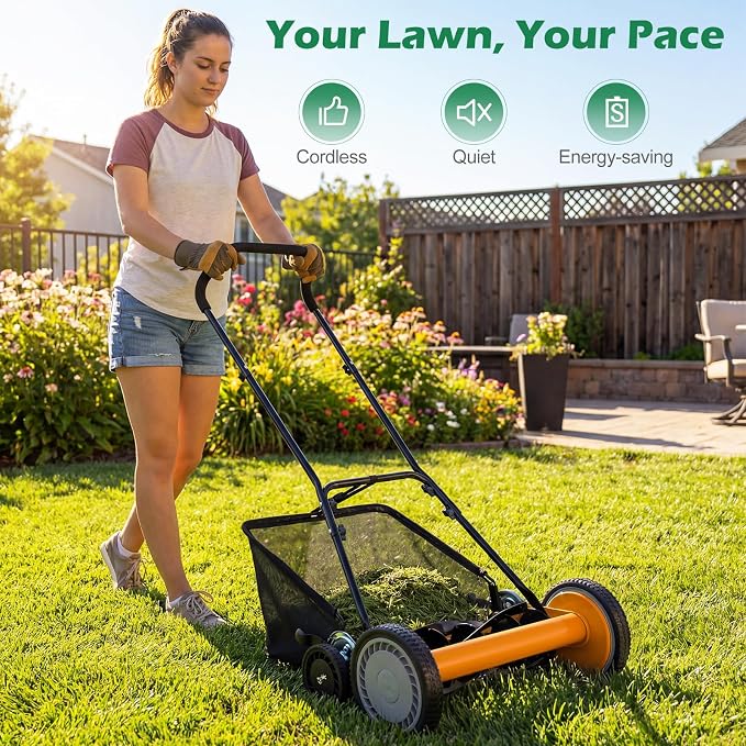 Push Reel Lawn Mower, Cordless 18" Manganese Steel Manual Grass Cutter with 5-Blade, Removable Grass Catcher, 9 Cutting Heights, Walk-Behind Lawn Mower for Garden Farm Yard (Orange)