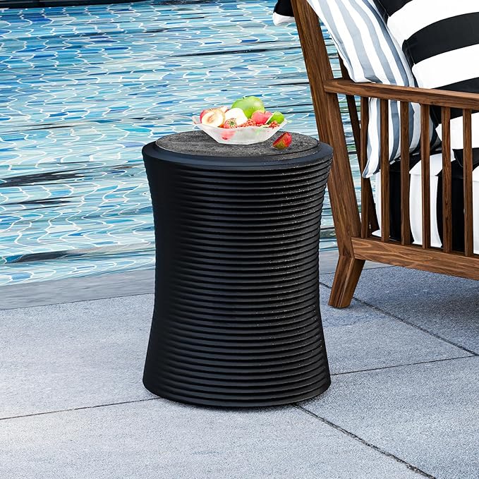 HOMPUS Concrete Outdoor Side Table Set of 2 w Cylindrical Thread Round Coffee Table, Outdoor Accent Patio Drum Home Decor Plant Stand End Table for Living Room, Bedroom or Balcony, Black