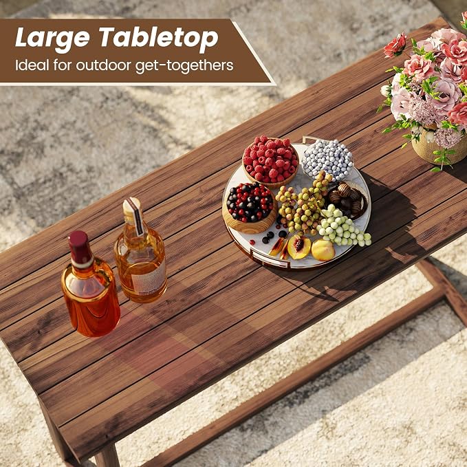 Tangkula 59 Inch Outdoor Bar Table, Teak Wood Rectangle Patio Bar Height Pub Table with Slatted Top, for Balcony, Garden and Poolside