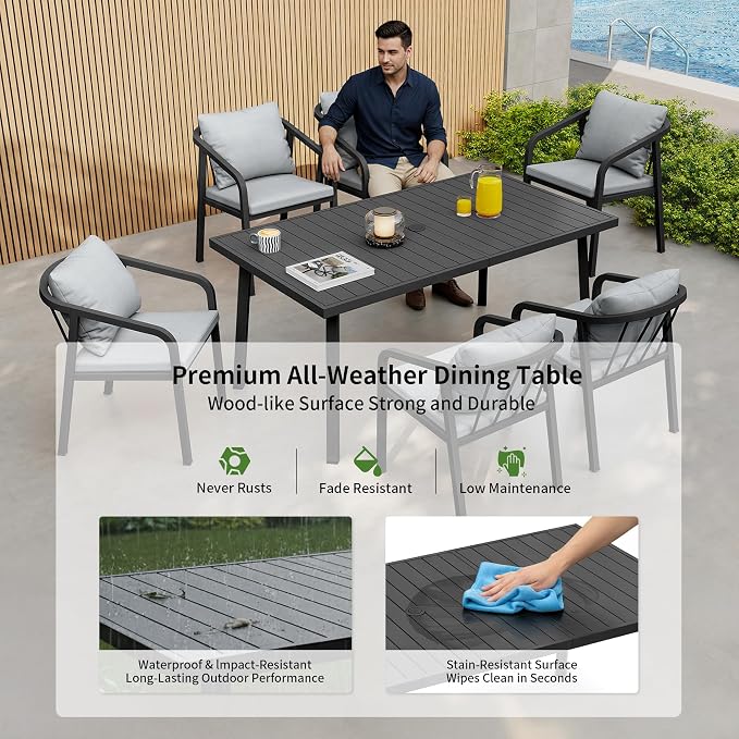 63"x35" Never-Rust Aluminum Outdoor Dining Table – Rectangular Patio Table for 6 with Umbrella Hole, Heavy Duty All-Weather for Poolside, Garden, Backyard, Porch, Deck, Black